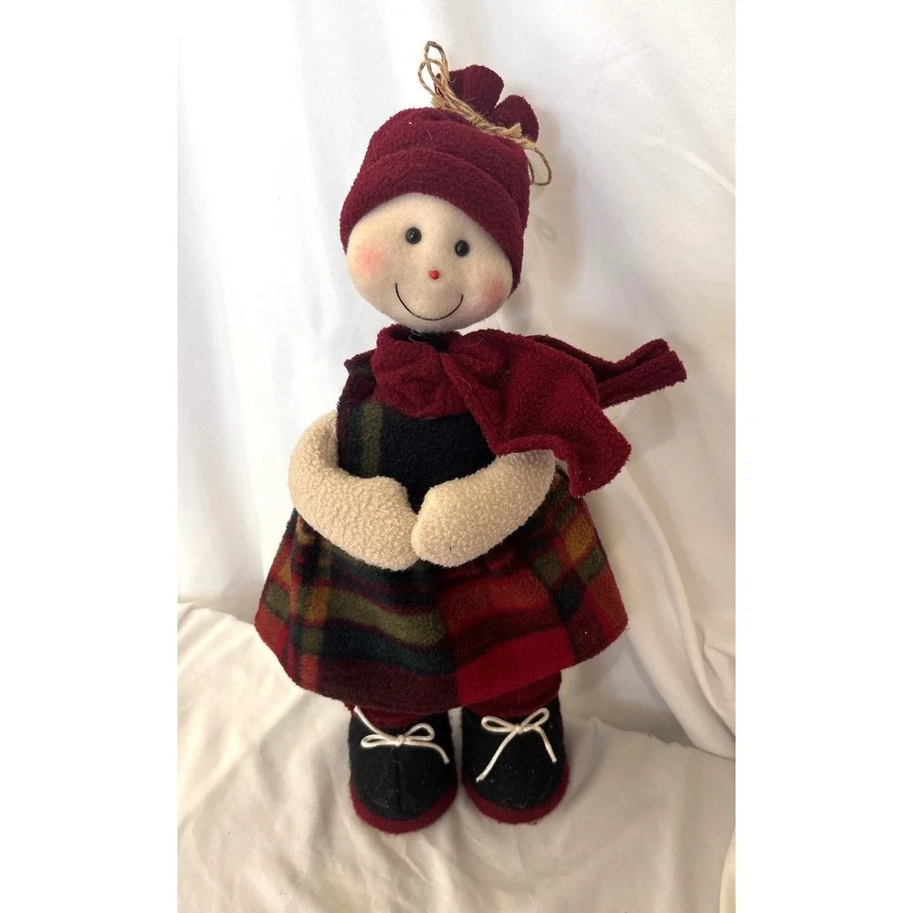 Elements Snowgirl Plush Girl 18in Red Plaid Jumper Scarf Winter Holiday Decor